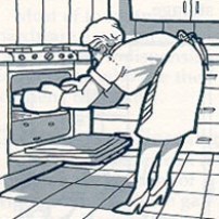 woman bending over oven